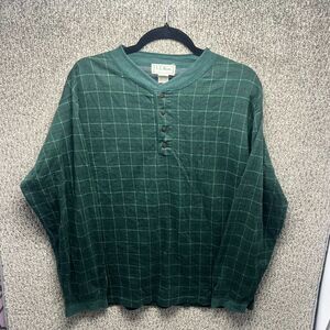 L.L. Bean Freeport Maine Waffle Shirt‎ Mens Large Green Plaid Cotton Henley Neck
